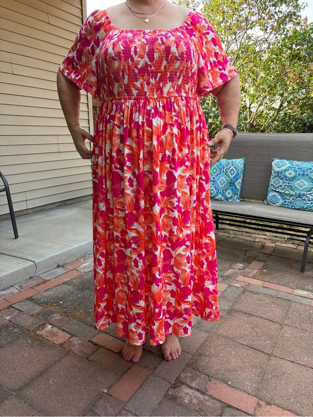 Floral Pink & Orange Maxi Dress with Smocked Bodice